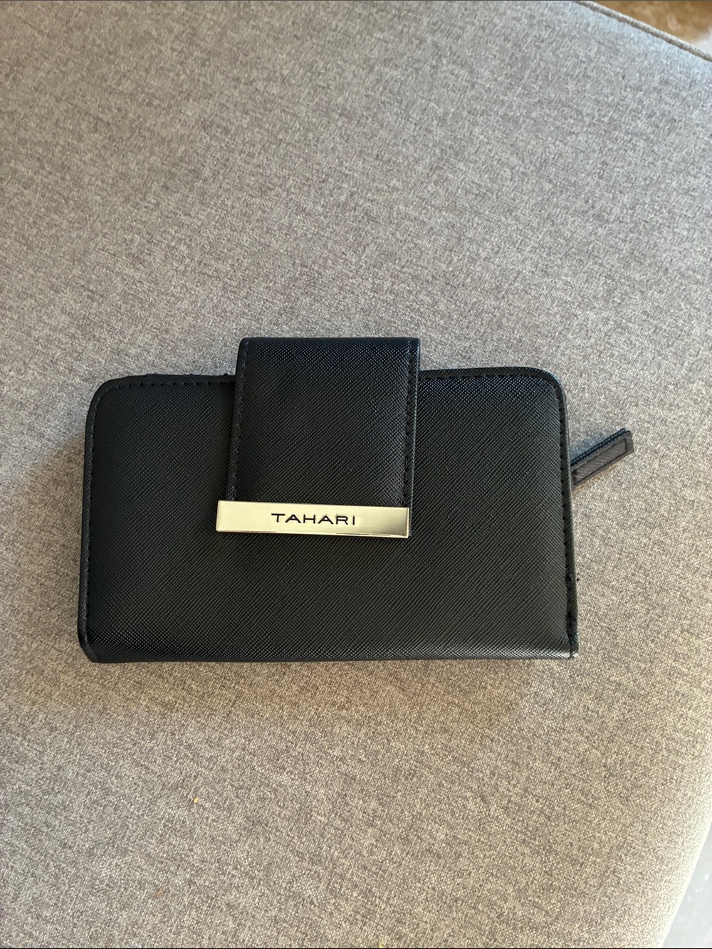 Tahari Black Saffiano Fold Wallet with Gold Logo Plaque